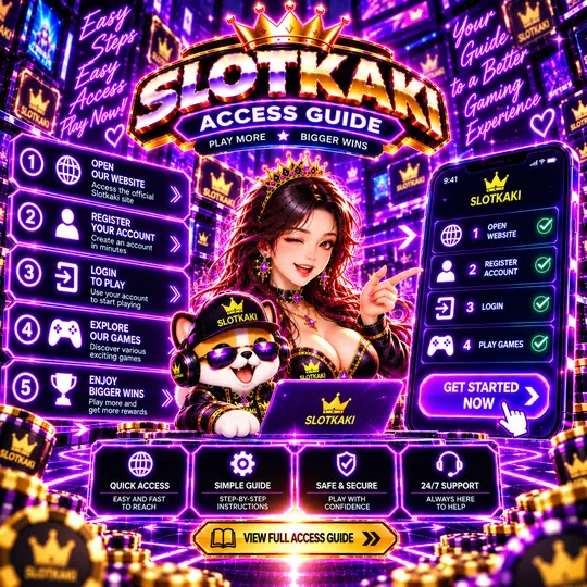 SLOTKAKI access guide – banner neon purple: numbered steps to get started