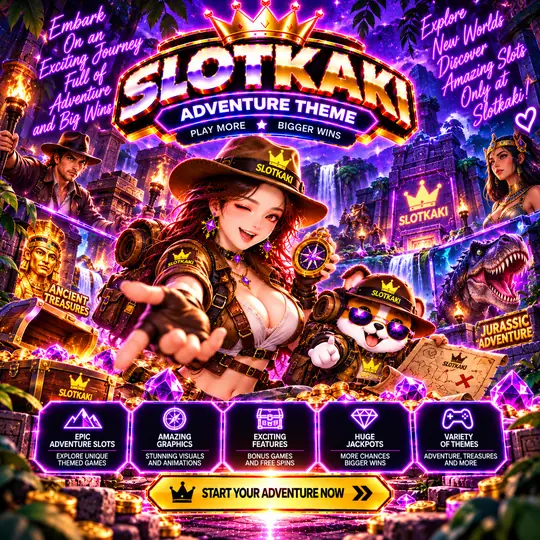 SLOTKAKI adventure theme – banner neon purple: explorer in ancient ruins