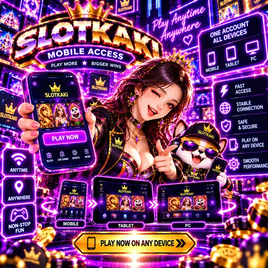 SLOTKAKI akses mudah alih – banner ungu neon: telefon pintar memaparkan lobi permainan