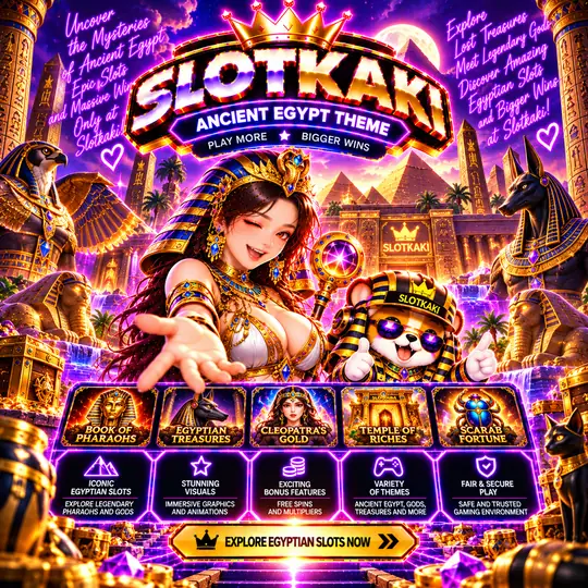 SLOTKAKI ancient Egypt theme – banner neon purple: pyramids and a pharaoh