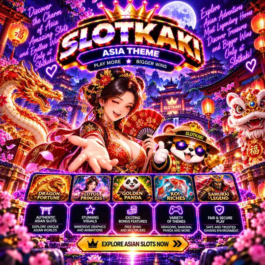 SLOTKAKI Asian theme – banner neon purple: fans, lanterns and a dragon