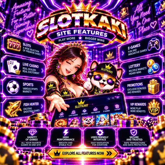 SLOTKAKI ciri laman – banner ungu neon: grid ciri dan kategori permainan
