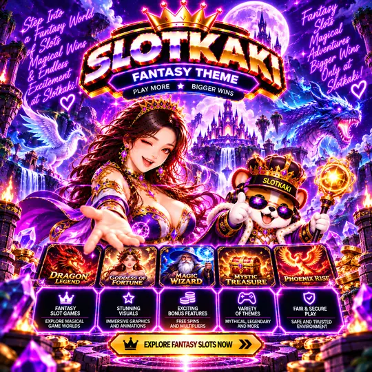 SLOTKAKI fantasy theme – banner neon purple: castle and fantasy characters