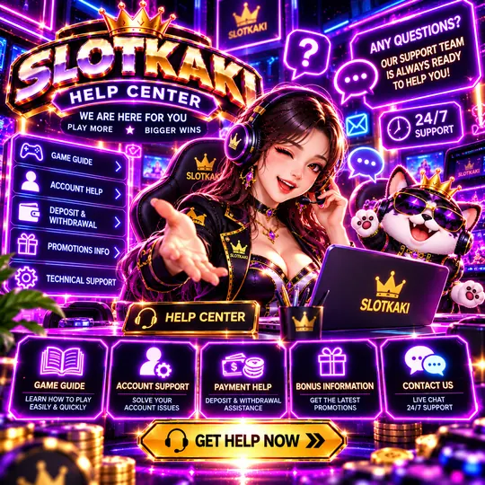 SLOTKAKI help centre – banner neon purple: support agent with help icons