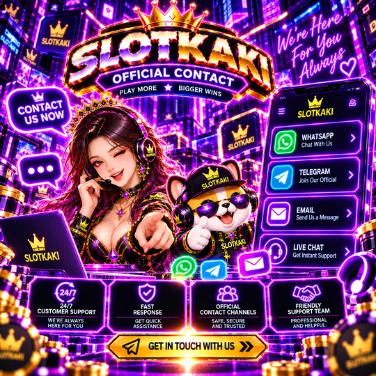 SLOTKAKI hubungan rasmi – banner ungu neon: ikon WhatsApp, Telegram dan e-mel