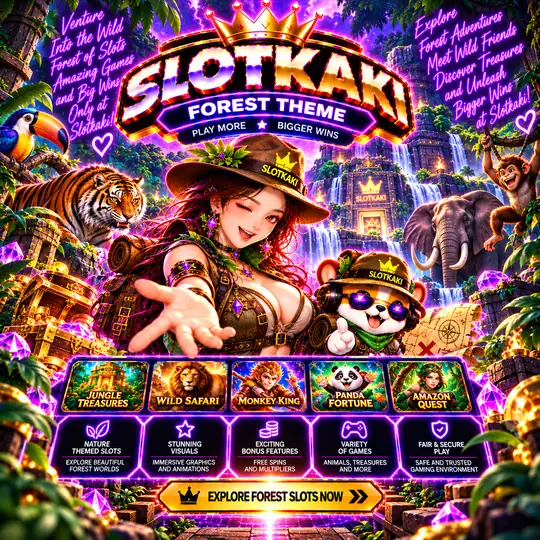 SLOTKAKI jungle theme – banner neon purple: tropical forest and wild animals