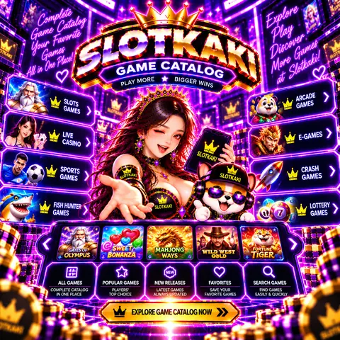 SLOTKAKI katalog permainan – banner ungu neon: grid jubin permainan