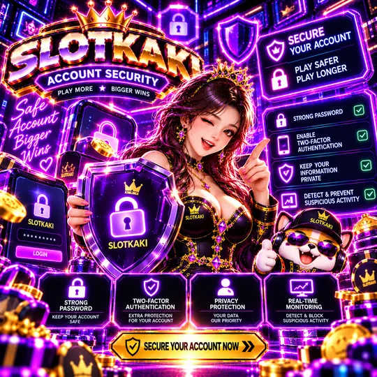 SLOTKAKI keselamatan akaun – banner ungu neon: perisai dan ikon mangga
