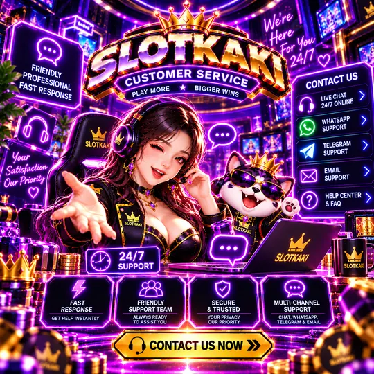 SLOTKAKI khidmat pelanggan – banner ungu neon: ejen sokongan 24/7 dan saluran hubungan