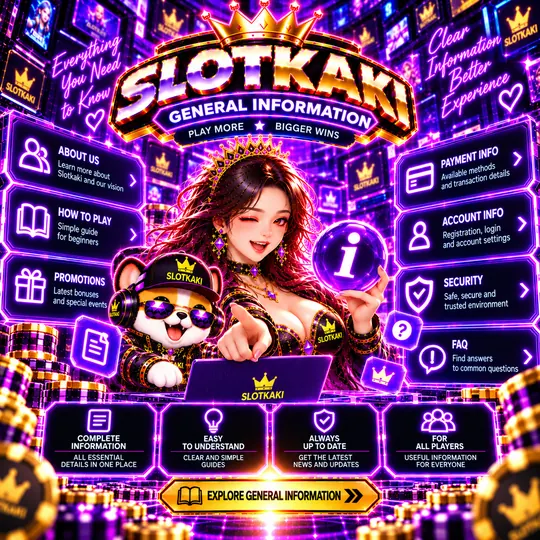 SLOTKAKI maklumat umum – banner ungu neon: ikon info dan senarai topik