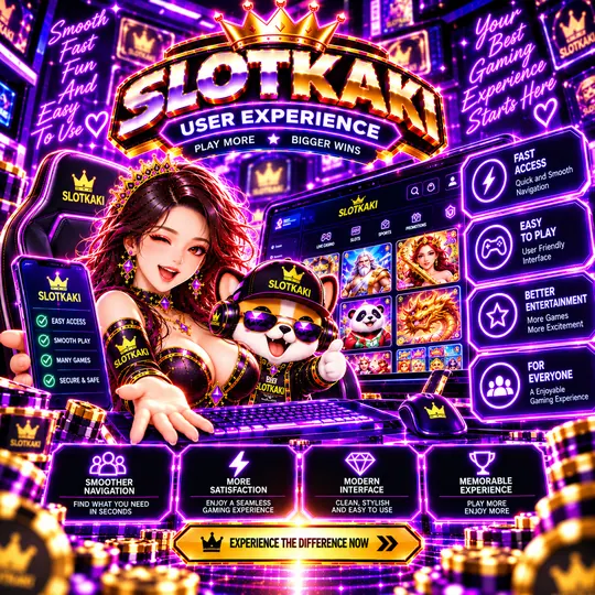 SLOTKAKI pengalaman pengguna – banner ungu neon: skrin permainan pada pelbagai peranti