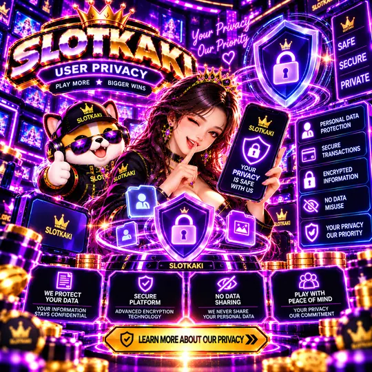 SLOTKAKI user privacy – banner neon purple: lock icons for personal data